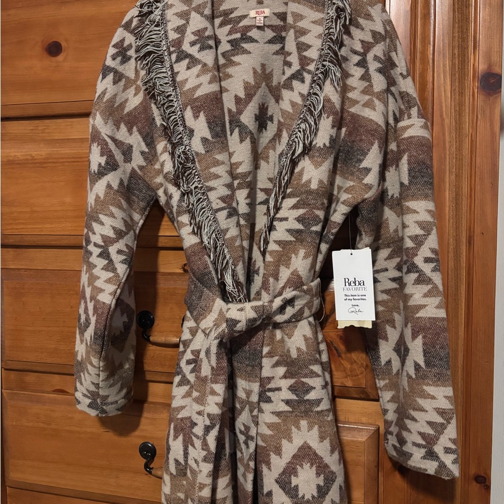 Reba Brown & Cream Aztec Fringe Belted Cape Coat